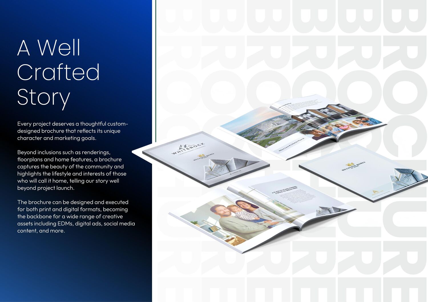 Property brochure spread showing renderings and community lifestyle pages