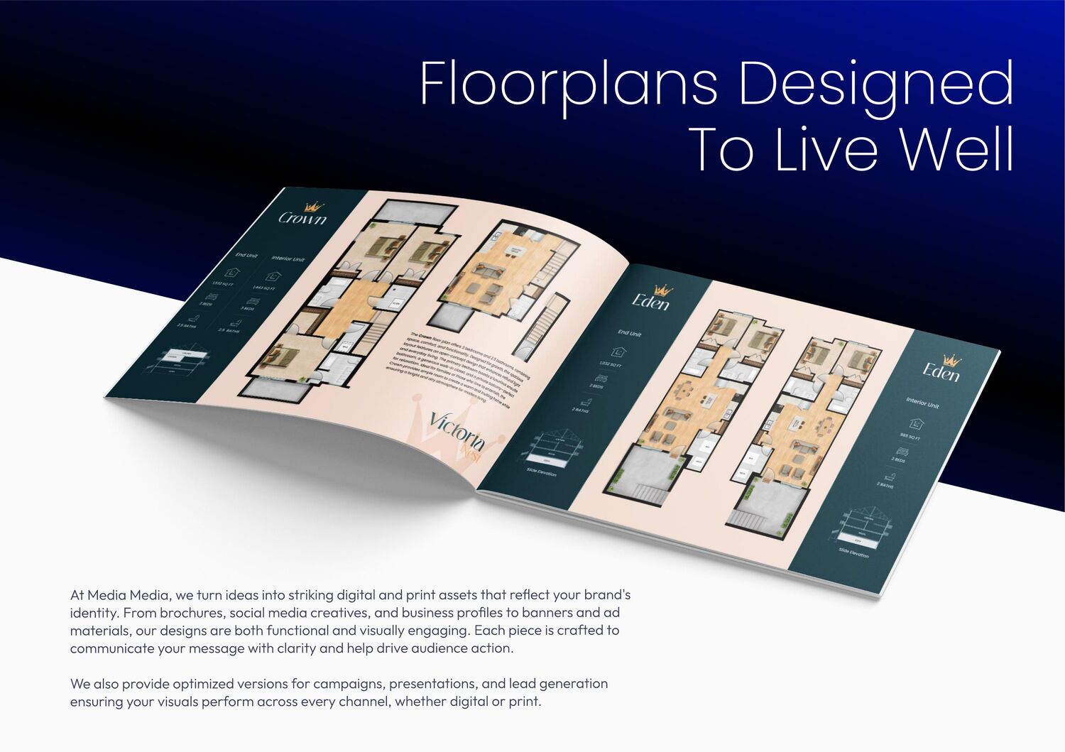 Floorplan spread showing residential unit layouts and elevations
