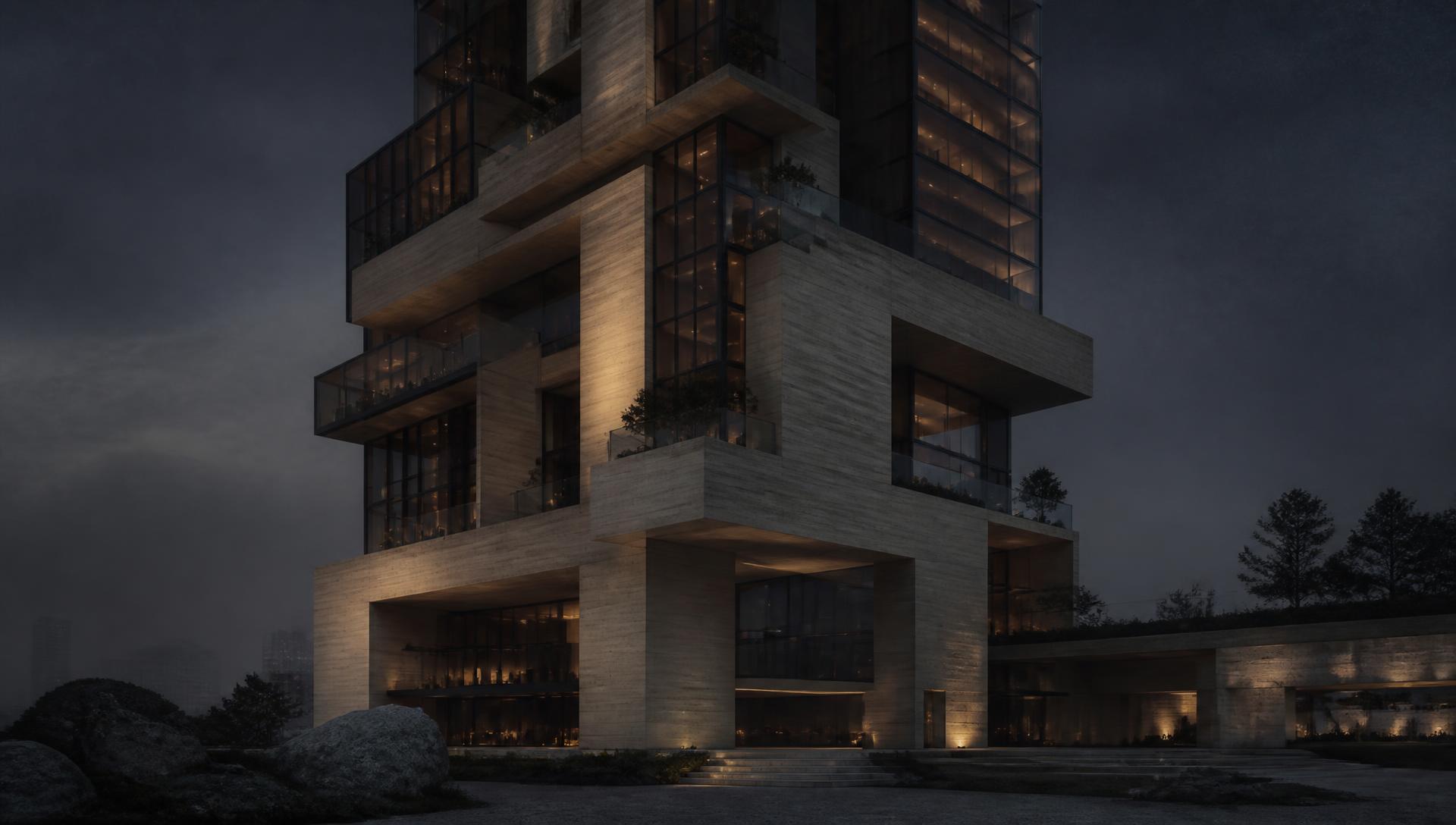 A residential tower at dusk, seen from below against a deep blue sky