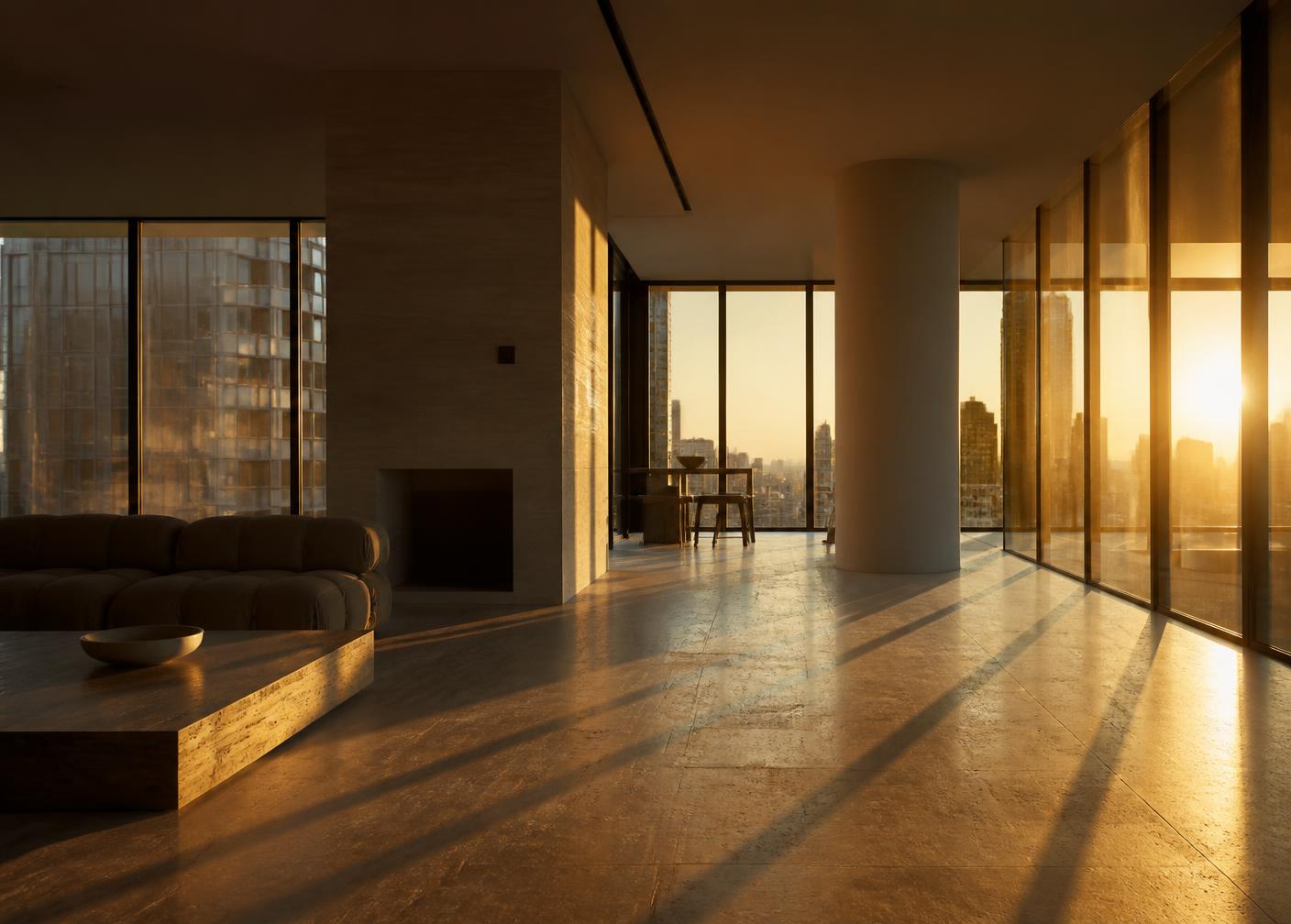 Interior of a finished residence in late afternoon light