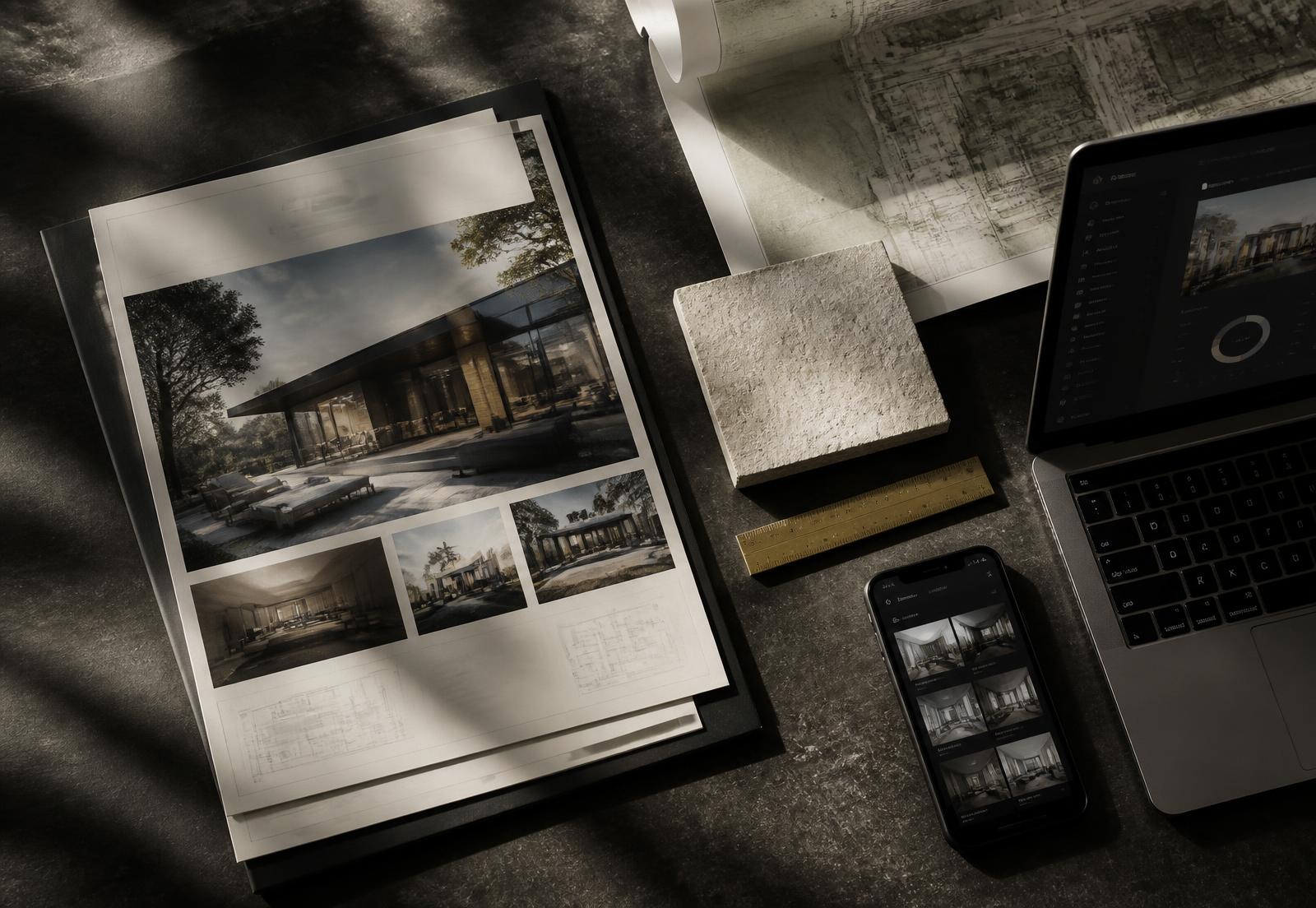 Architectural drawings and material samples on a studio table